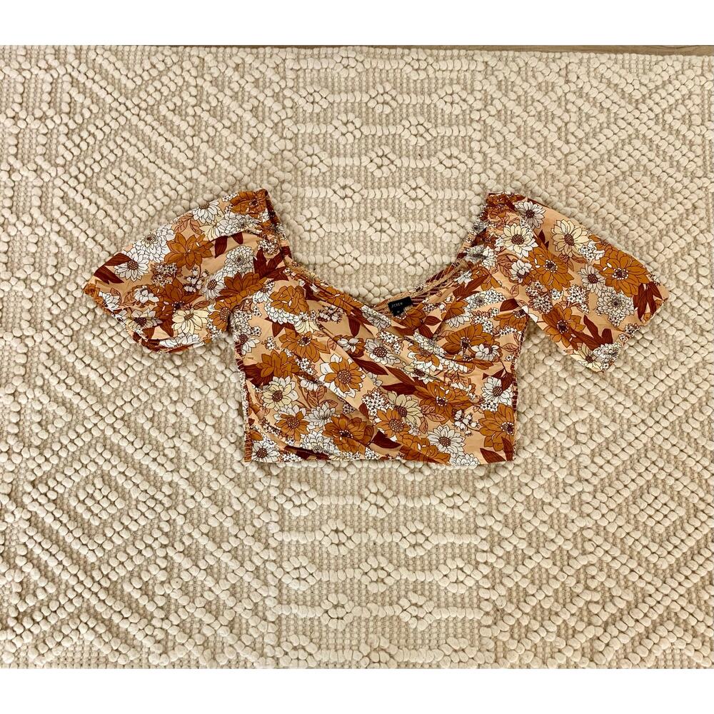 J. Crew Brown Zinnia Floral Retro Puff Sleeve Cropped Smocked Top Medium - Picture 2 of 6